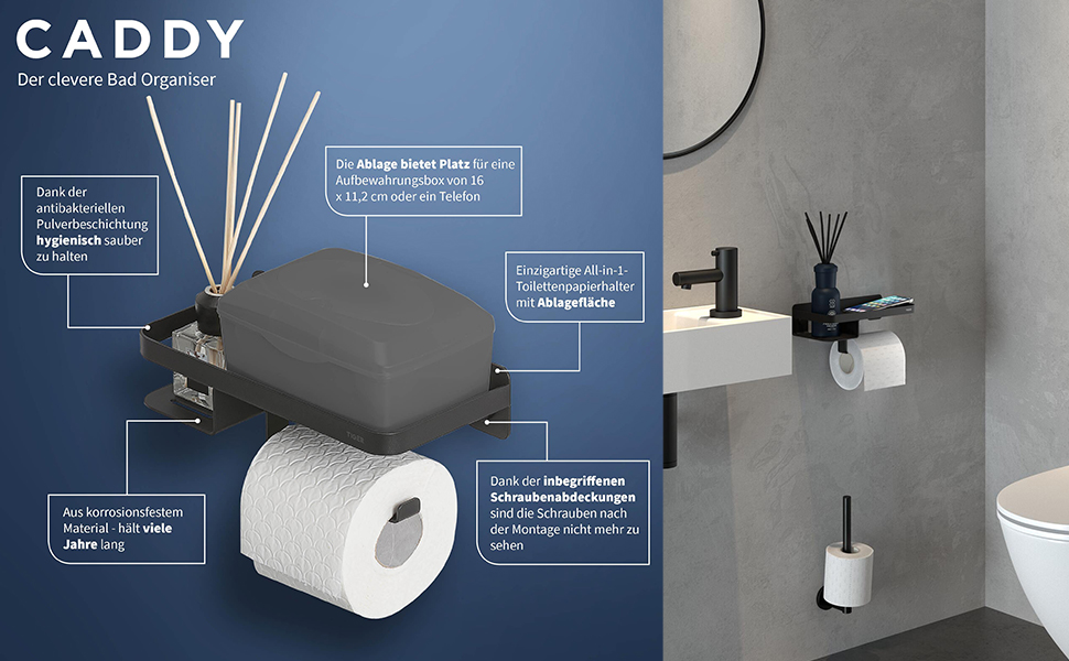 Тримач для туалетного паперу Tiger Caddy з полицею для смартфона та вологих серветок, настінний, чорний (24 x 10 x 11,6 см)