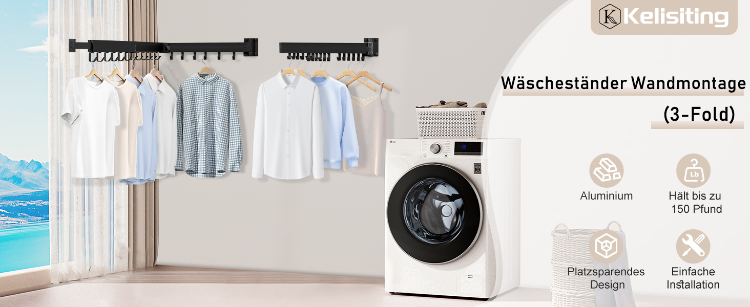 Настінна сушарка для білизни, розкладна, 3-секційна, 120 см (50 дюймів), біла. Максимальне навантаження: 150 фунтів (68 кг). Компактна сушарка для невеликих осель, 3 кольори (білий, чорний, 3X)