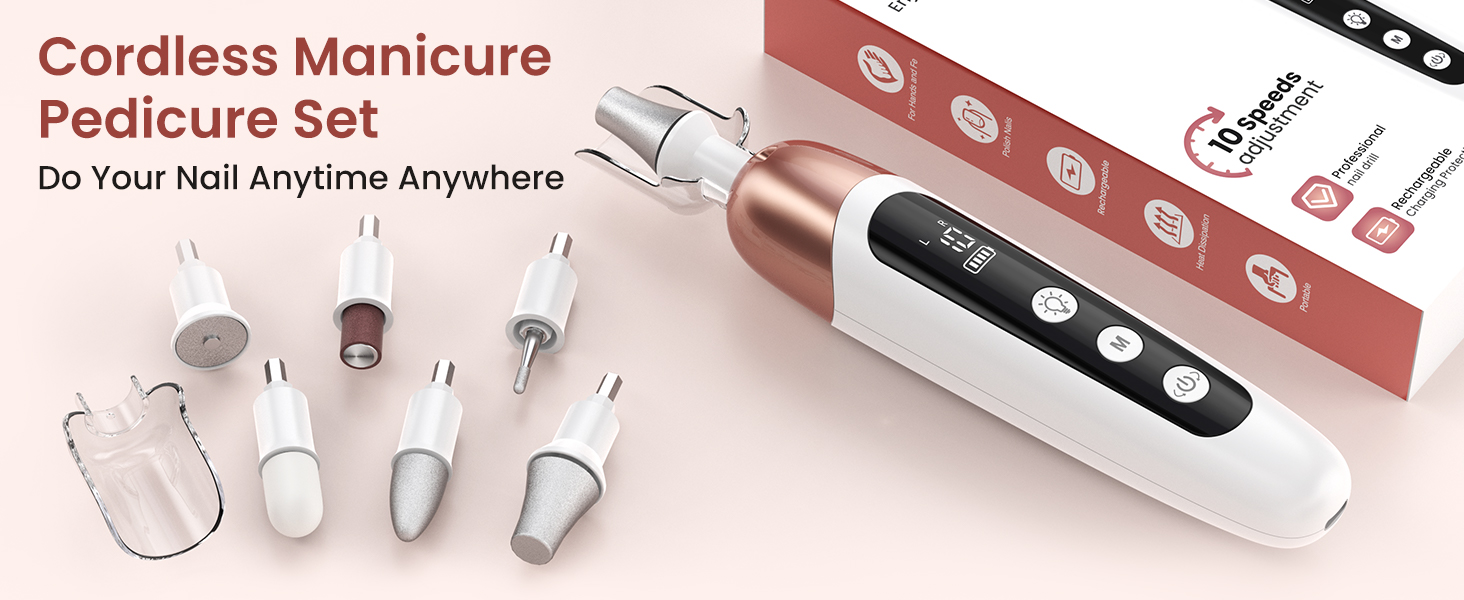 Електричний фрезер для манікюру та педикюру з 6 насадками, 10 швидкостей, LED-підсвічуванням, акумуляторний, для догляду за нігтями