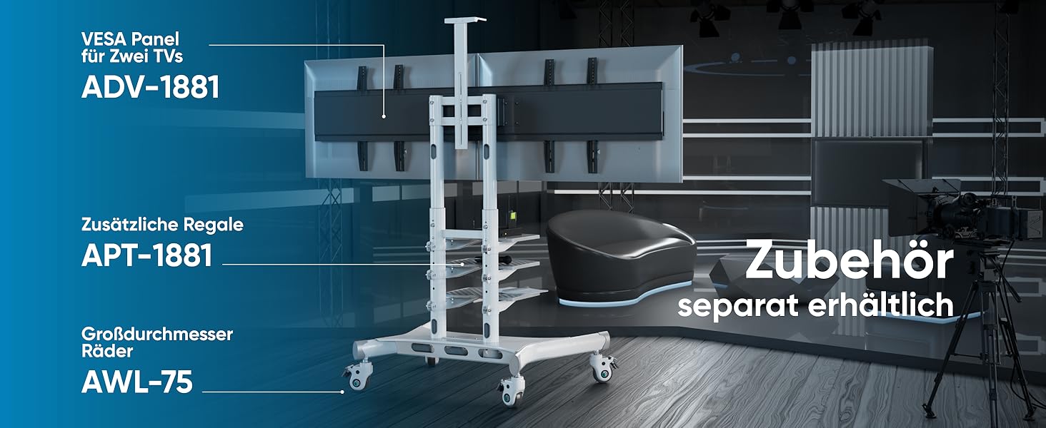 ONKRON Тримач для телевізора на колесах, 50-86 дюймів, до 105 кг, VESA 800x500, чорний TS1881-B (білий)