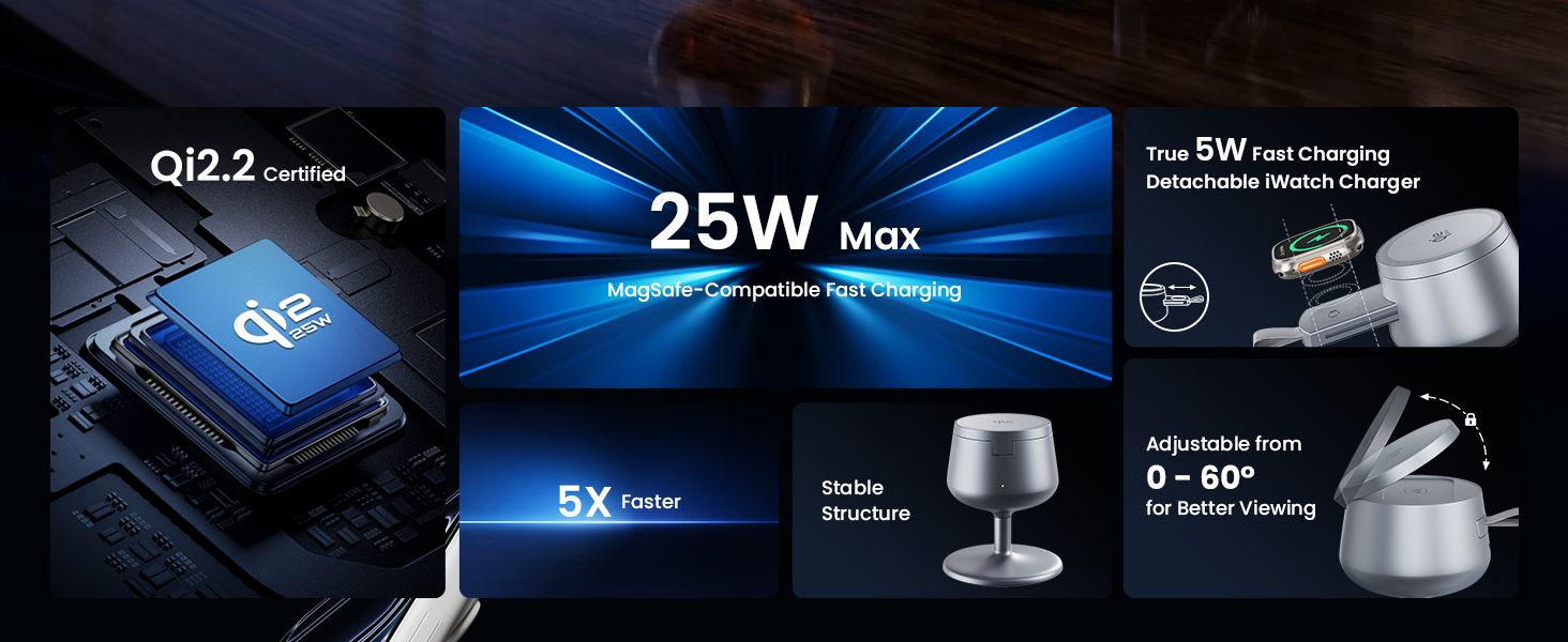 Бездротова зарядна станція 3-в-1 GEEKERA Qi2.2 25W для Apple: MagSafe швидкий заряд для iPhone 17/16/12, Apple Watch та AirPods, адаптер GaN 45W, срібляста