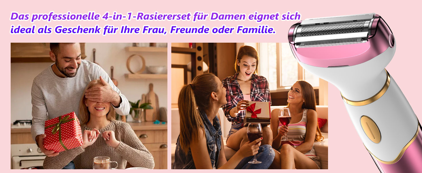 Електричний жіночий тример 4-в-1 з цифровим дисплеєм – для обличчя, ніг, під пахвами та інтимної зони, водонепроникний IPX7, USB-зарядка, рожевий