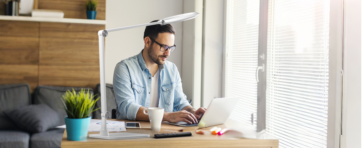 LED лампа настільна з денним світлом для відеоконференцій, офісна лампа з підставкою, регульована з 4 режимами кольору, 18W світло для відео, захищає очі, підходить для дому та офісу, матовий білий