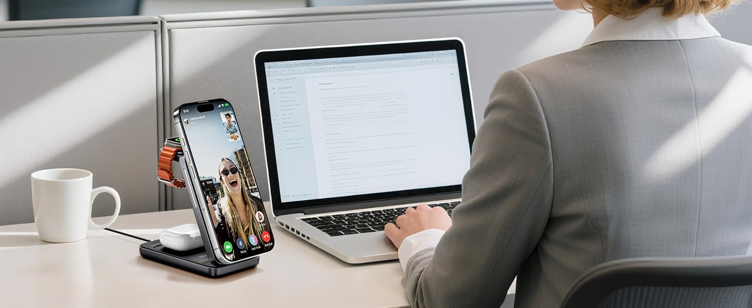 KPON Станція зарядки MagSafe для Apple Watch та iPhone, 3 в 1. Швидка зарядка для iPhone 12-17, Apple Watch 11-2, AirPods. Підходить для подорожей та офісу. В комплекті адаптер 20W.