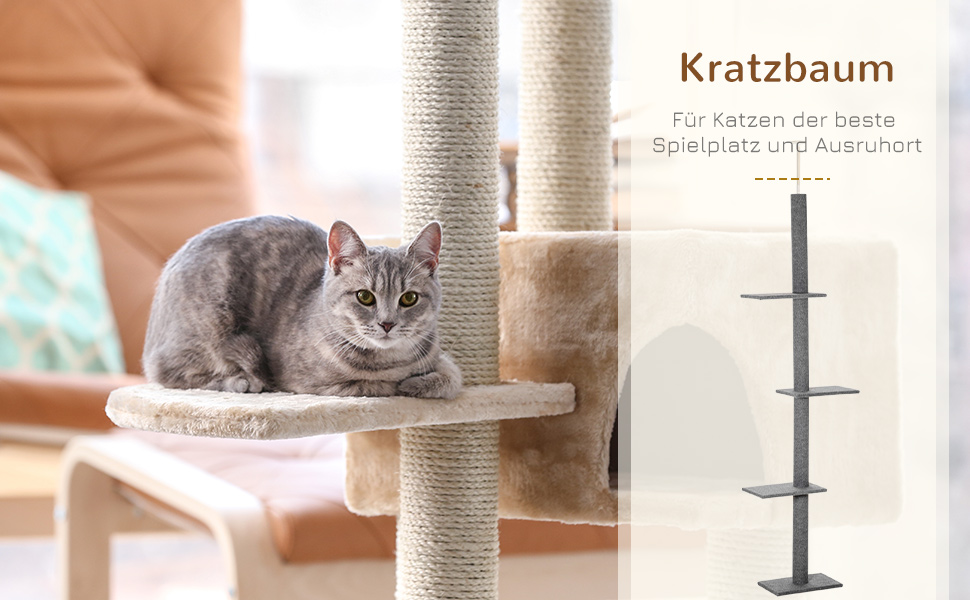 Котячий дряпак PawHut з регулюванням висоти 228-260 см, 3-рівневий килимок для котів, ігровий килимок до стелі, сірий