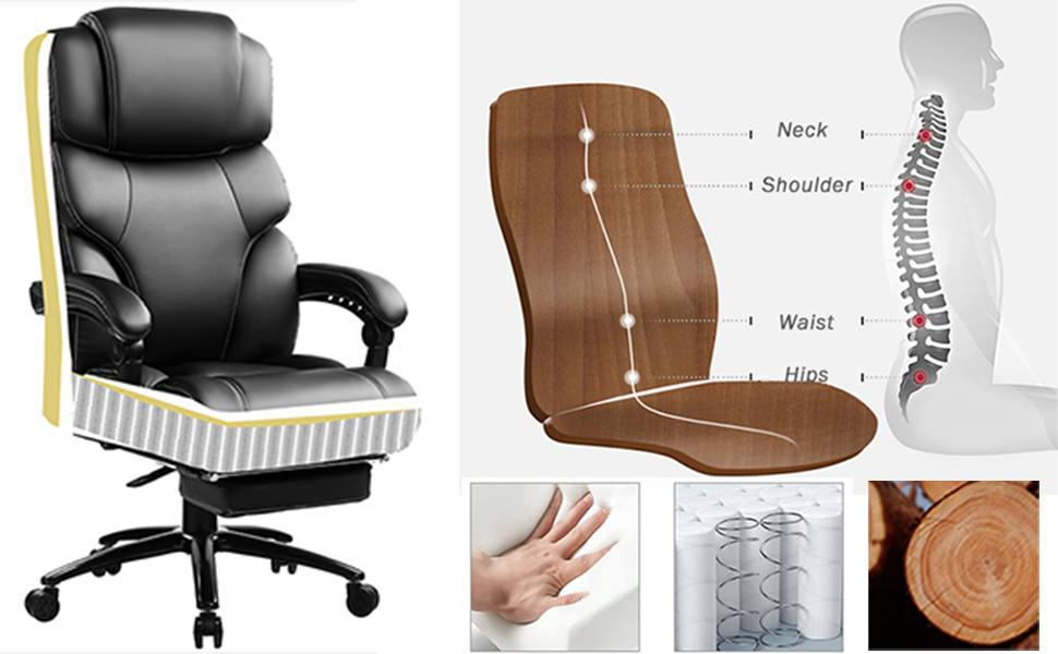 KCREAM Ergonomic Leather Office Chair with Footrest - High Back Executive Desk Chair, Adjustable Armrests, Swivel, Height Adjustable (Black)
