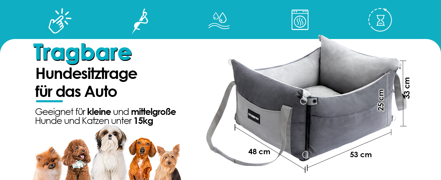 Portable Dog Car Seat for Small & Medium Dogs Under 15KG - Washable & Secure Travel Bed with Storage Pockets