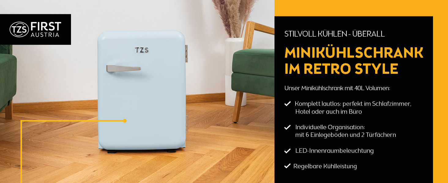 Холодильник мініатюрний TZS First Austria Retro 40L, блакитний. Безшумний, з підсвіткою та 2 полицями. Ідеально для кемпінгу, офісу, спальні, готелю.