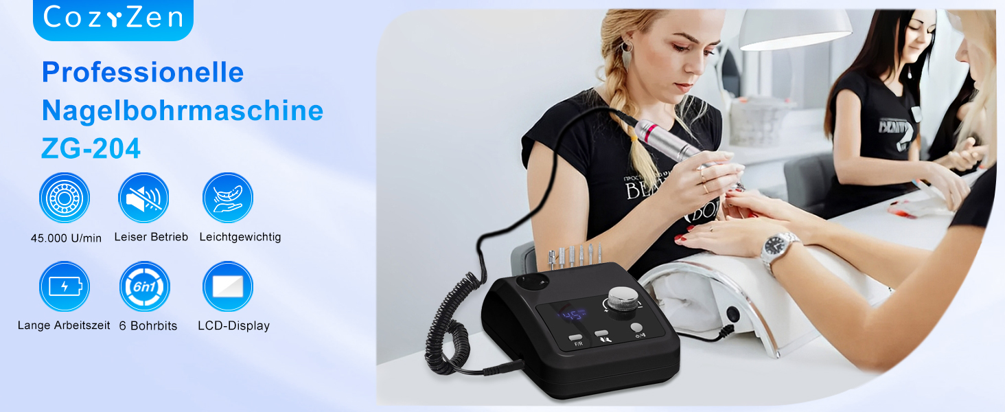 Електричний фрезер для нігтів CozyZen Professional: набір для манікюру та педикюру з LCD-дисплеєм, 45000 об/хв, для акрилу та гелю