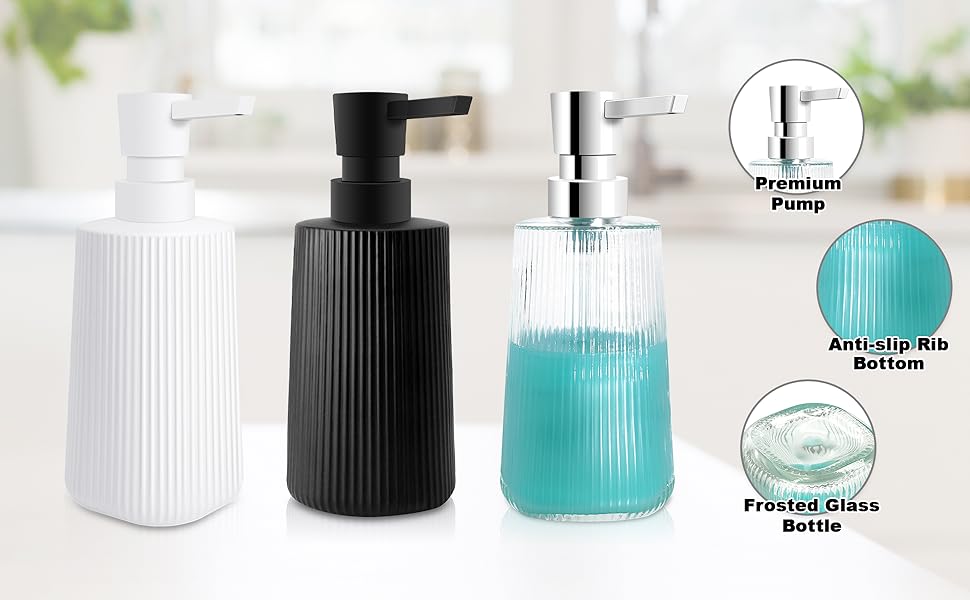 Набір дозаторів для мила з прозорого скла та чорного пластику, 250 мл (3 шт.)