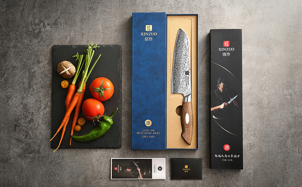 Японський кухонний ніж XINZUO Santoku з дамаської сталі (AUS-10) - професійний ніж шеф-кухаря з чорним дерев'яним руків'ям з горіха