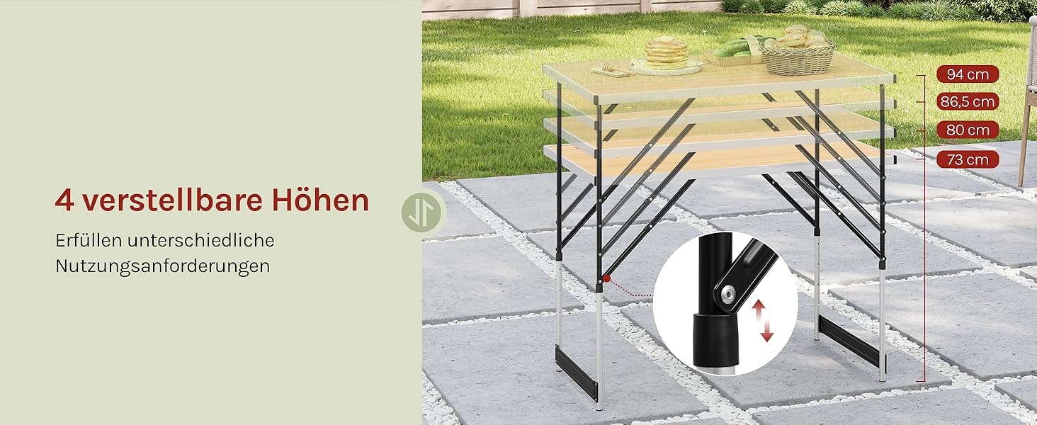 Складаний столик Woltu для кемпінгу та відпочинку на природі 100x60 см, регульована висота, алюмінієвий каркас з MDF, для кемпінгу, саду, заходів та ринків (світлий дуб)