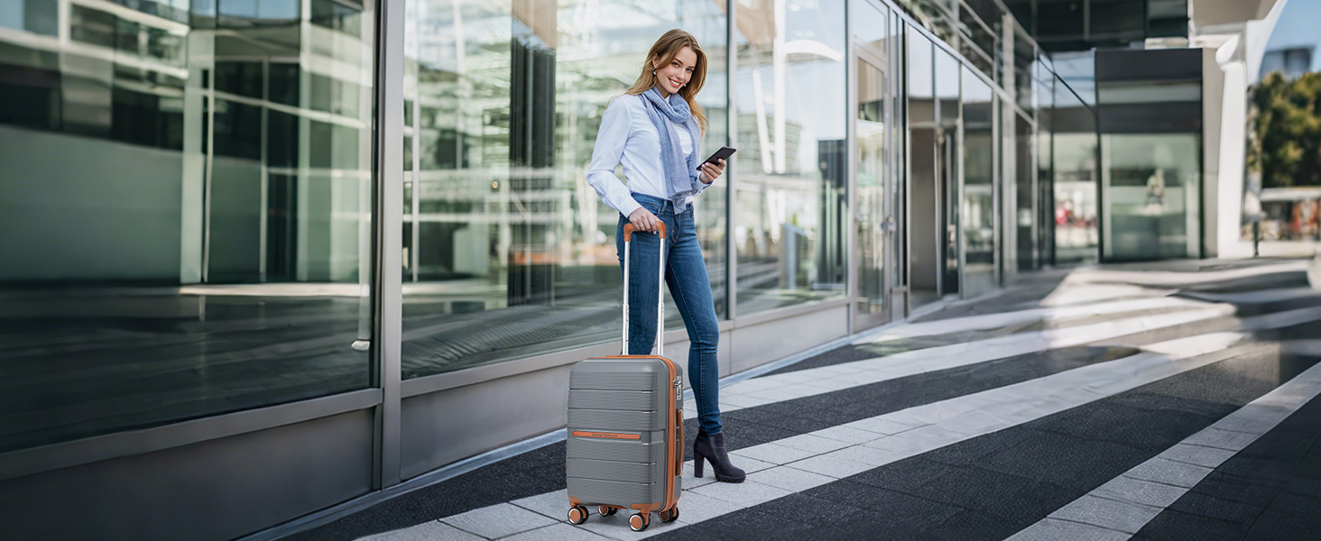 Чемодан British Traveller Mittelgroß: міцний валіза на 8 коліщатках з TSA-замком, 66 x 43.3 x 28.5 см (Сірий/Коричневий)