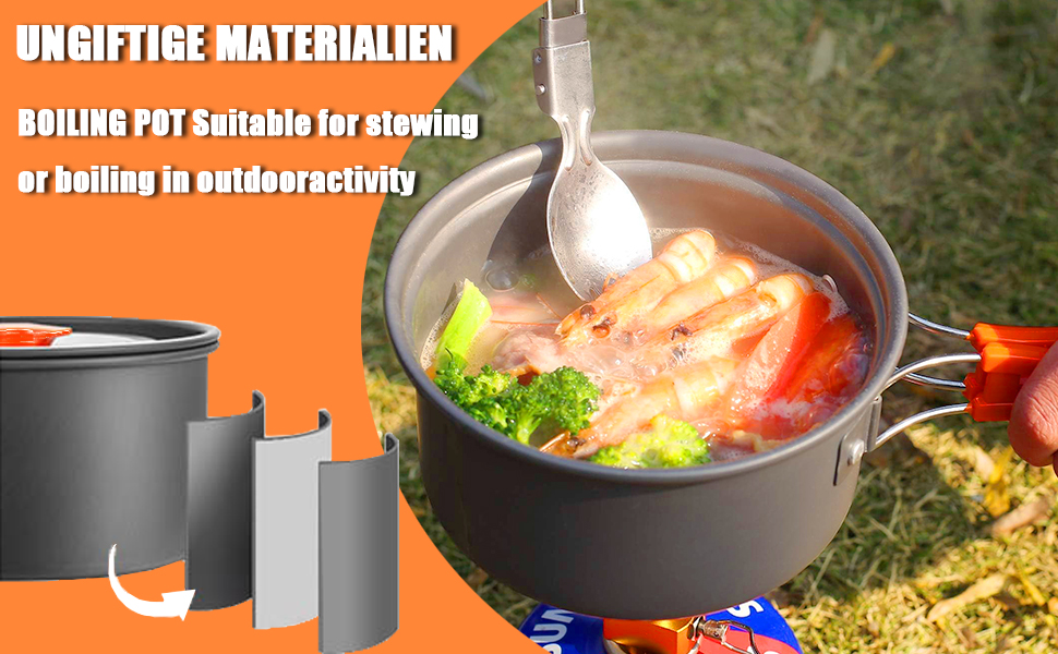 Набір кухонного посуду для кемпінгу, 10 предметів: каструля, сковорода, чайник, сумка для зберігання. Для кемпінгу, пікніків та походів