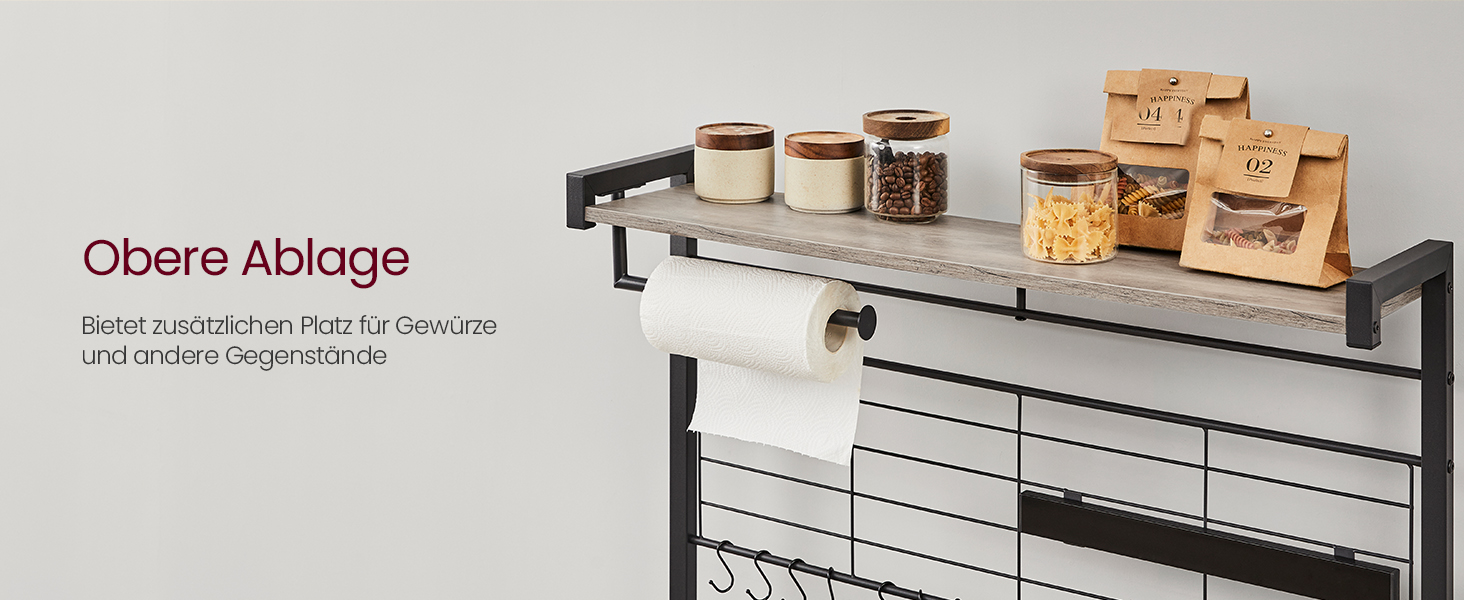 Стелаж кухонний VASAGLE, підлоговий, з магнітною смугою для ножів, кошиком, тримачем для рушників, 12 гачків, вінтажний, коричнево-чорний KKS026B01 (Грейж + Чорний)