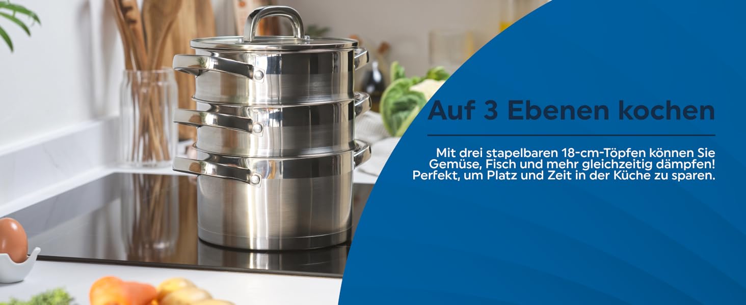 Salter Timeless 3-рівневий паровар з нержавіючої сталі – 18 см, з ручками та скляною кришкою, антипригарне покриття, для індукційних плит