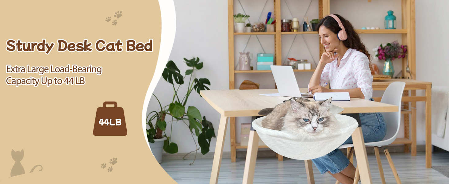 Ліжко-стіл для котів Homegroove, велике та економне, до 23 кг, м'яка гамак з штучного хутра для офісу та геймерів, знімне та пральне (біле)