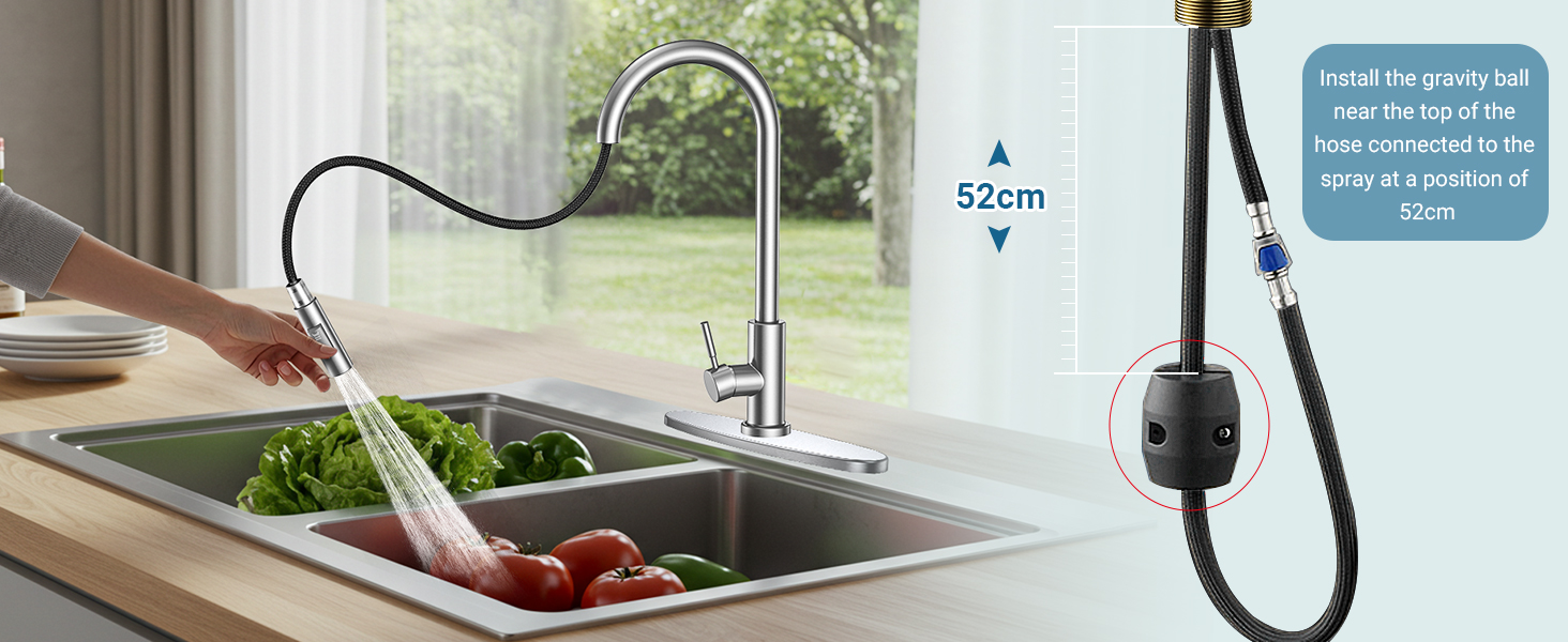 Кухонний змішувач Wasserhahn з висувною лійкою, поворотний на 360°, 2 функції, однорідний, для кухні (сріблястий)