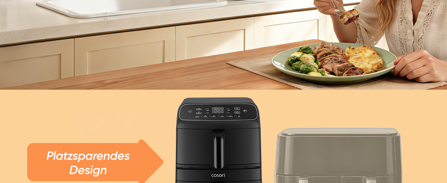 COSORI Airfryer Turbo Tower Compact 8.6L: Фритюрниця з двома камерами, керамічне покриття, 2700W, чорна