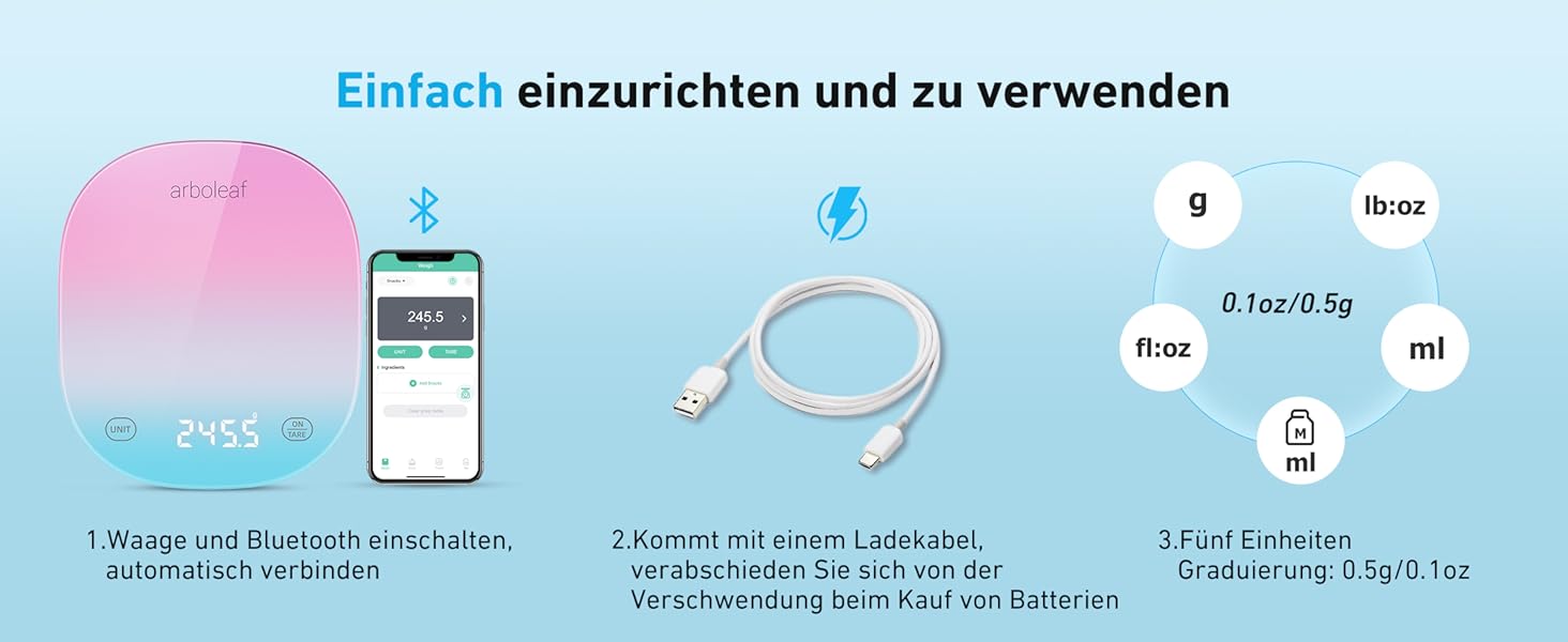 Кухонні ваги Arboleaf Digital з додатком, 10 кг/0.5 г, Bluetooth, підрахунок калорій, USB-зарядка, точна вага з термостійкого скла та функцією тарування (білий, кольоровий)