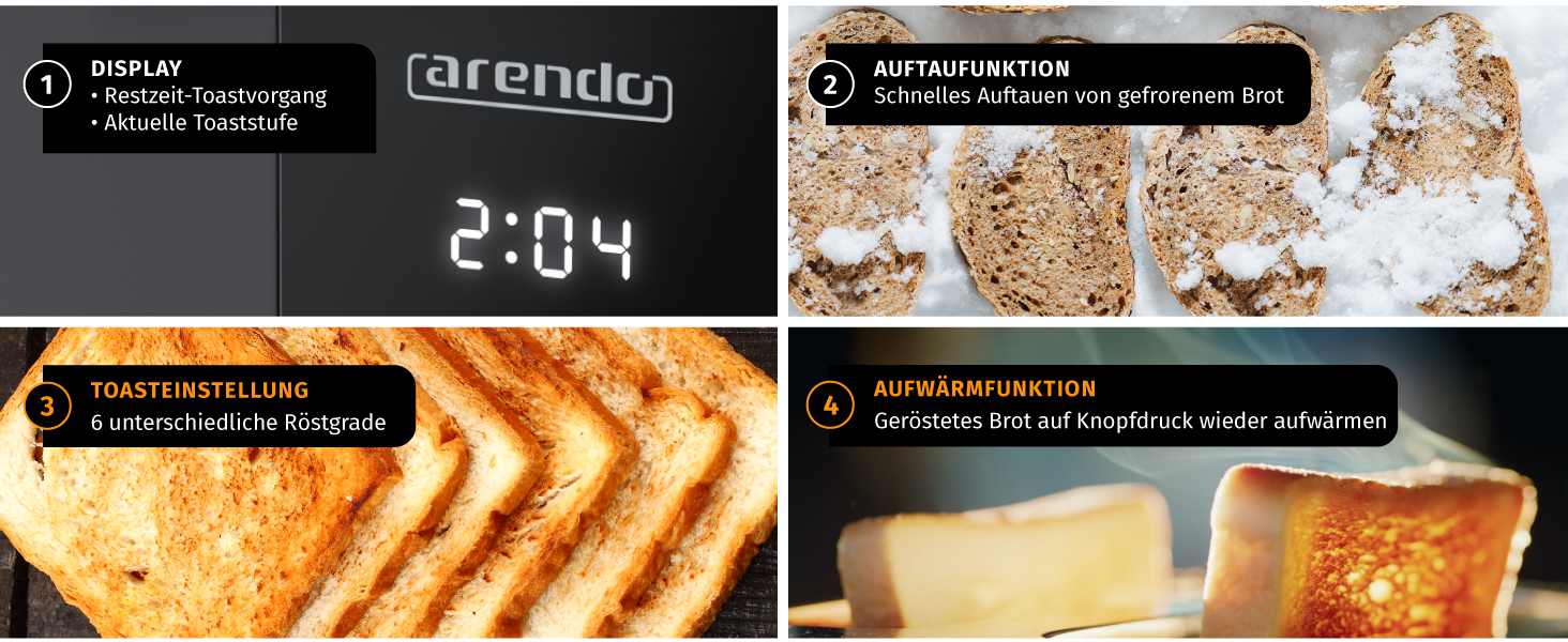 Тостер Arendo з нержавіючої сталі, 4 слоти, довгі прорізи, сенсорний екран, подвійні стінки, 1500 Вт, підставка для булочок, 6 рівнів підсмажування, центрування хліба, індикатор часу, пам'ять (B: Cool Grey)