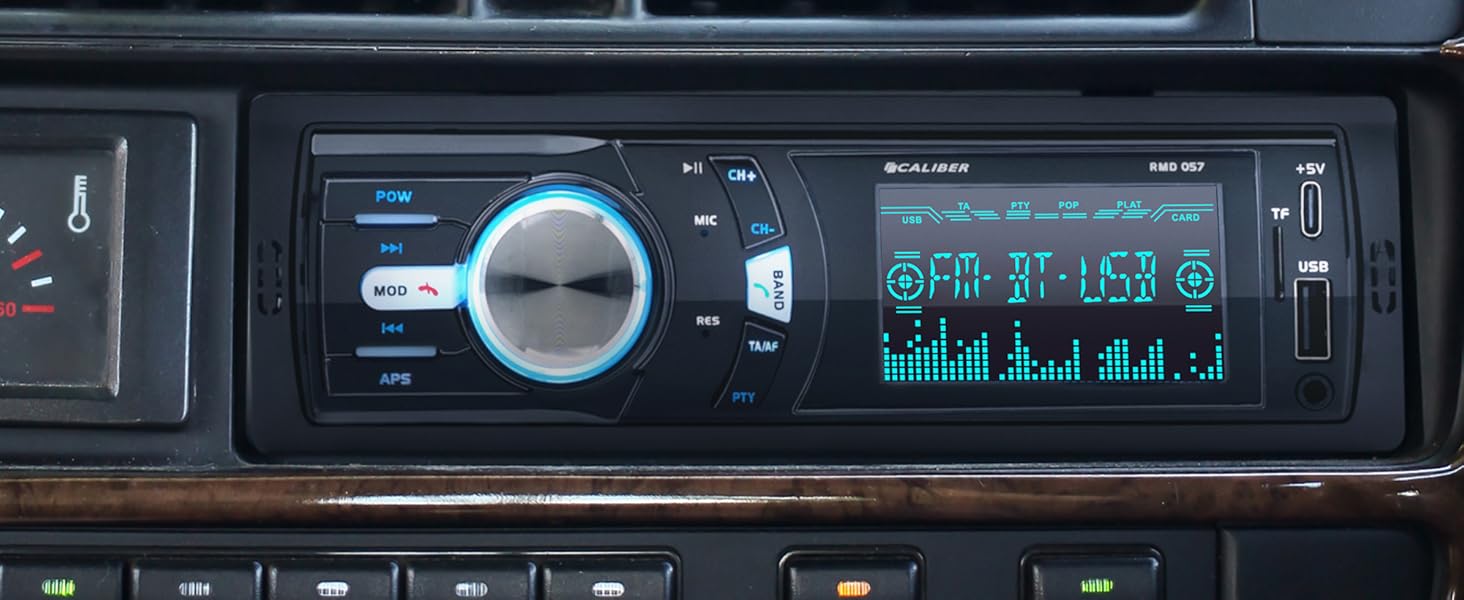 Автомагнітола Caliber 1DIN Bluetooth, FM-тюнер, 4x75Вт, USB/MicroSD, зарядка 2.1A, AUX, гучний зв'язок, зовнішній мікрофон, RCA вихід, регулятор підсвітки, 85мм, підтримка MP3/WMA/APE/FLAC