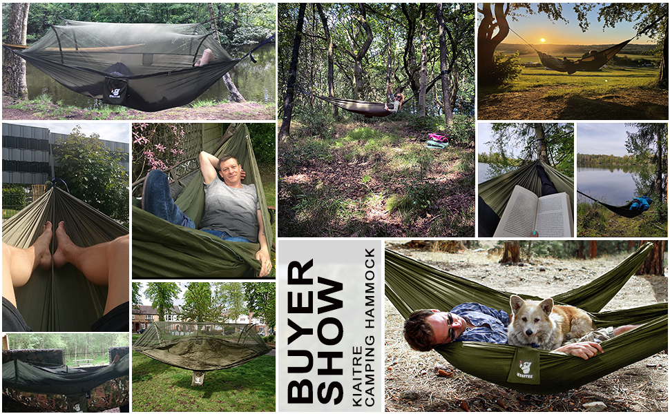 Гамак для відпочинку на природі з москітною сіткою - 260 x 130 см, легкий нейлон, 200 кг, зелений