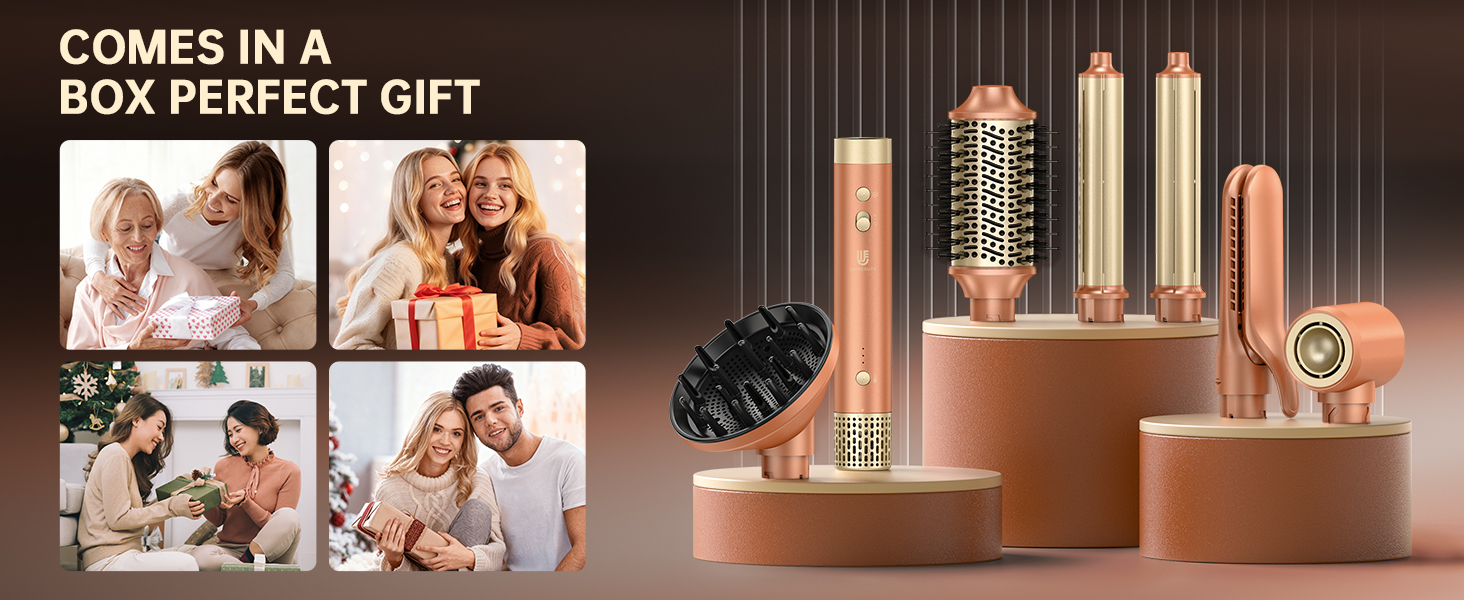 Webeauty 7-в-1 Стайлер для волосся: фен, плойка, брашинг, дифузор, 110,000 об/хв, 25 м/с, 500 млн негативних іонів, Dual Voltage, Mokka