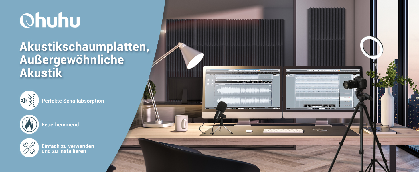 Акустичні панелі Ohuhu для звукоізоляції, шумопоглинаючий пінополістирол 30x30x2,5 см, 24 шт. — для студії, подкастів та геймінгу