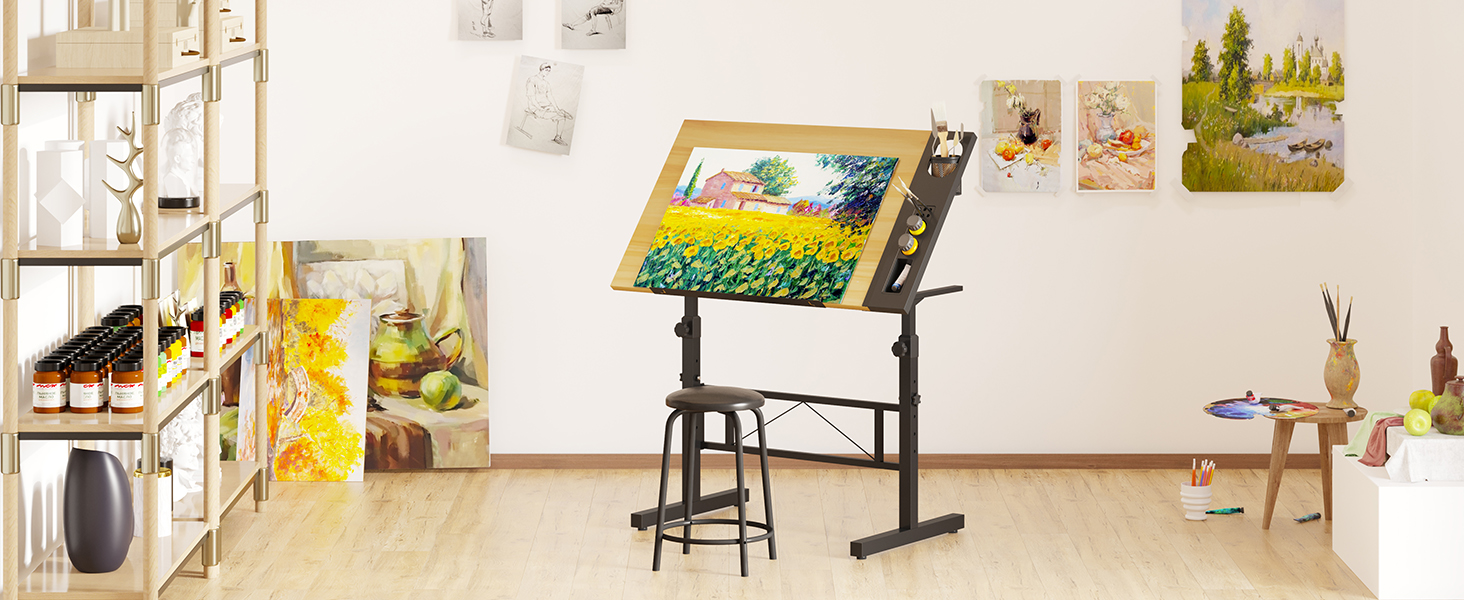 Adjustable Drafting Table with Tilt - 0-60° - Drawing Table, Computer Desk with Stool & Storage Cabinets - Wood Finish