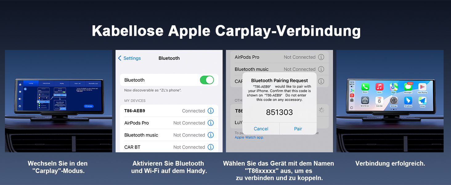 Бездротовий 8,1'' CarPlay дисплей Avylet з IPS-екраном, IP67 камерою заднього виду, GPS-навігацією, Bluetooth 5.0, Mirror Link, FM/AUX, для Android Auto та Apple CarPlay