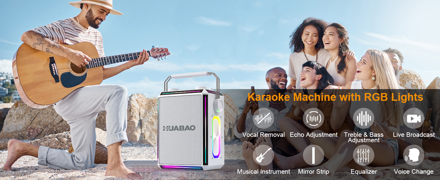 Портативна Bluetooth-колонка караоке з 2 бездротовими мікрофонами, RGB-підсвічуванням, регулюванням високих та низьких частот, ефектами голосу, AUX/USB/TF/OTG, 6,5 мм роз'єм, для вечірок (біла)