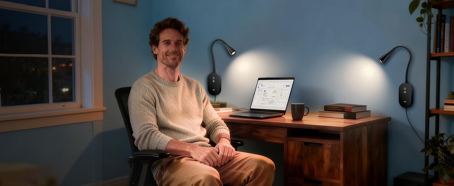 Нічна LED лампа для читання Wandleuchte з USB, 5 рівнів яскравості, сенсорне управління, гнучкий кронштейн, автовимкнення (Чорна)