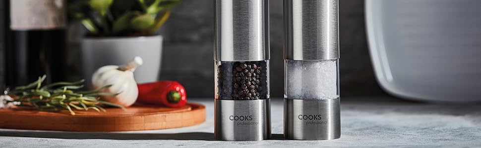 Набір Cooks Professional: електричні млини для солі та перцю з регулюванням помелу, нержавіюча сталь, графіт