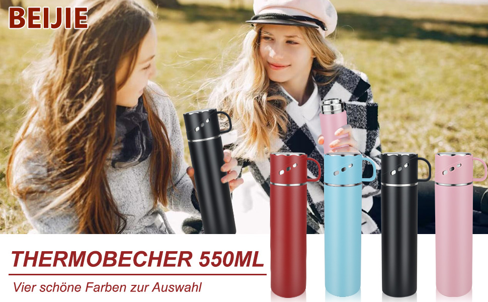 Термокухоль-термос із нержавіючої сталі 550 мл з кришкою-чашкою та ручкою, вакуумний термос 12 годин гарячим / 12 годин холодним, нековзний термос для кави в дорогу для спорту, роботи, школи, авто (червоний)