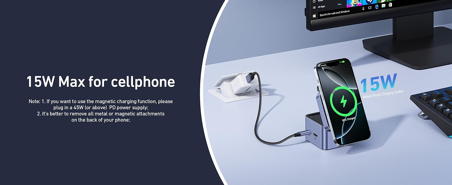 BENFEI 3-в-1 Станція зарядки MagSafe з USB-C хабом – для iPhone 16/15/14/13/12, Apple Watch та AirPods. HDMI (4K@60Hz), 100W PD, 2x USB 3.0 (5Gbps)