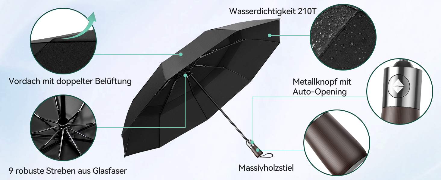 TECKNET Парасолька автоматична, чорна, штормостійка, легка у використанні