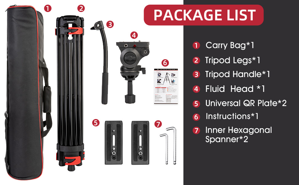 Штатив важкий 183 см, Lusweimi Професійний штатив для відеокамери з алюмінію, 2 швидкісні пластини, 360° Fluid-головка, середній розширювач, Макс. навантаження 7.7 кг