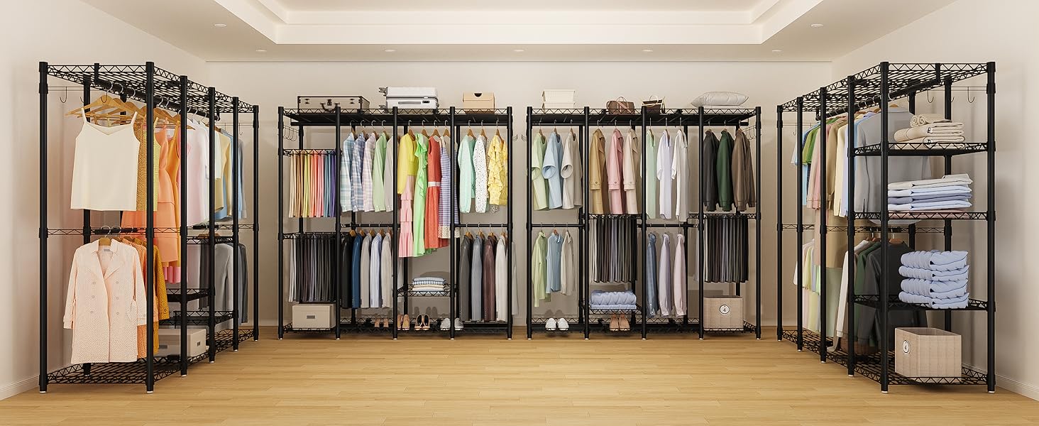 Відкритий шафа-система AQRA: зручний шафа-організатор з 9 полицями та 5 штангами для одягу, стійка для одягу з місткою конструкцією (193.5x43.5x195 см)