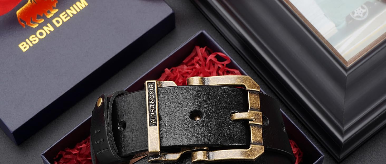 Чоловічий шкіряний ремінь BISON DENIM з класичною пряжкою, міцний, для джинсів, довжина 115 см, підходить для талії 36'-39'