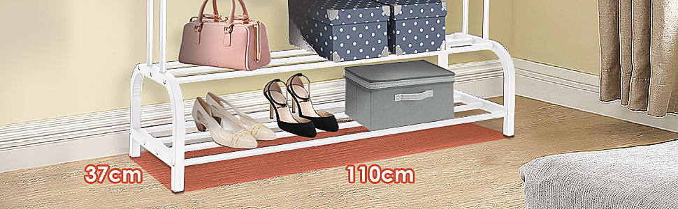 Стійка для одягу на підлозі з металу з полицею для взуття та нижньою полицею, для спальні. Металева стійка для одягу з подвійними вішалками (біла)