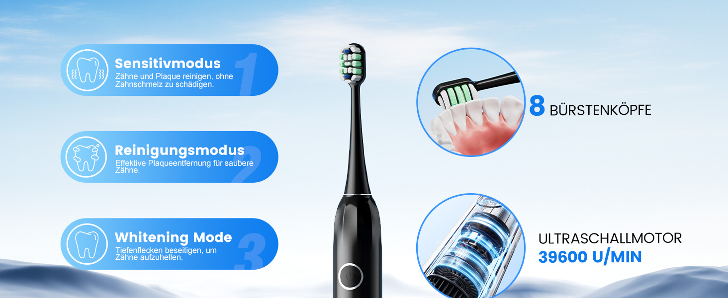 Електрична зубна щітка звукова 5 режимів, таймер 30с, відбілює зуби за 2 тижні, 8 змінних насадок, IPX7, чорний