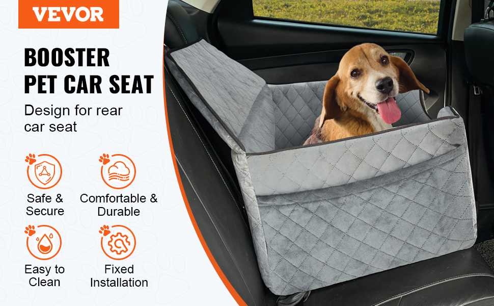 Автокрісло для собак VEVOR, підвищення для собак у машину з кишеню для зберігання, автокрісло для домашніх тварин з прикріпленою страхувальною лінією, губчаста подушка, автоліжко для собак середніх та великих порід до 25 кг (Сірий, Large)