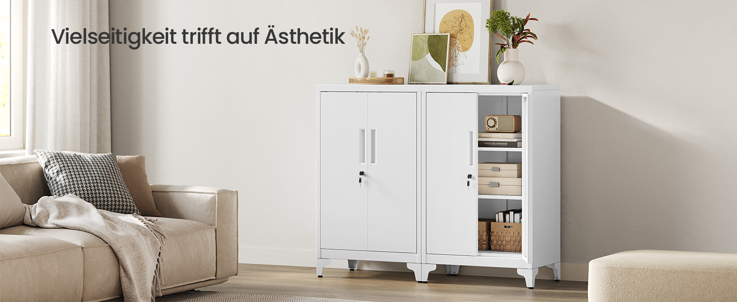 SONGMICS File Cabinet, Multi-Purpose Cabinet, Office Cabinet with 2 Doors, Lockable Cabinet, Steel Storage Cabinet, for Study Room, Living Room, Matte White OMC012W01