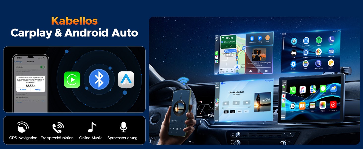 Volam автомобільна магнітола з 9'' IPS, бездротовий CarPlay та Android Auto, Bluetooth 5.0, FM, AUX, підтримка Siri та Google, портативний дисплей