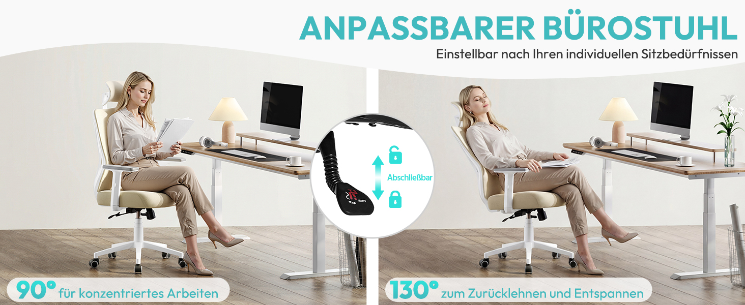 Офісне крісло Yaheetech ергономічне з регульованою підголівником, підлокітниками та поперековою підтримкою, поворотне, з функцією відкидання спинки до 130°, регульована висота (Бежевий)