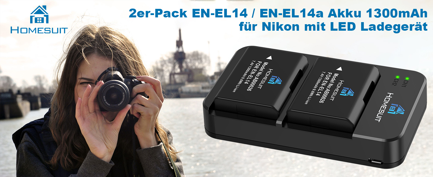Акумулятор EN-EL14 1300mAh Homesuit + LED зарядний пристрій для Nikon D3100, D3200, D3300, D3500, D5100, D5200, D5300, D5500, D5600, Coolpix P7000, P7100, P7200, P7700, P7800 (2 шт.)