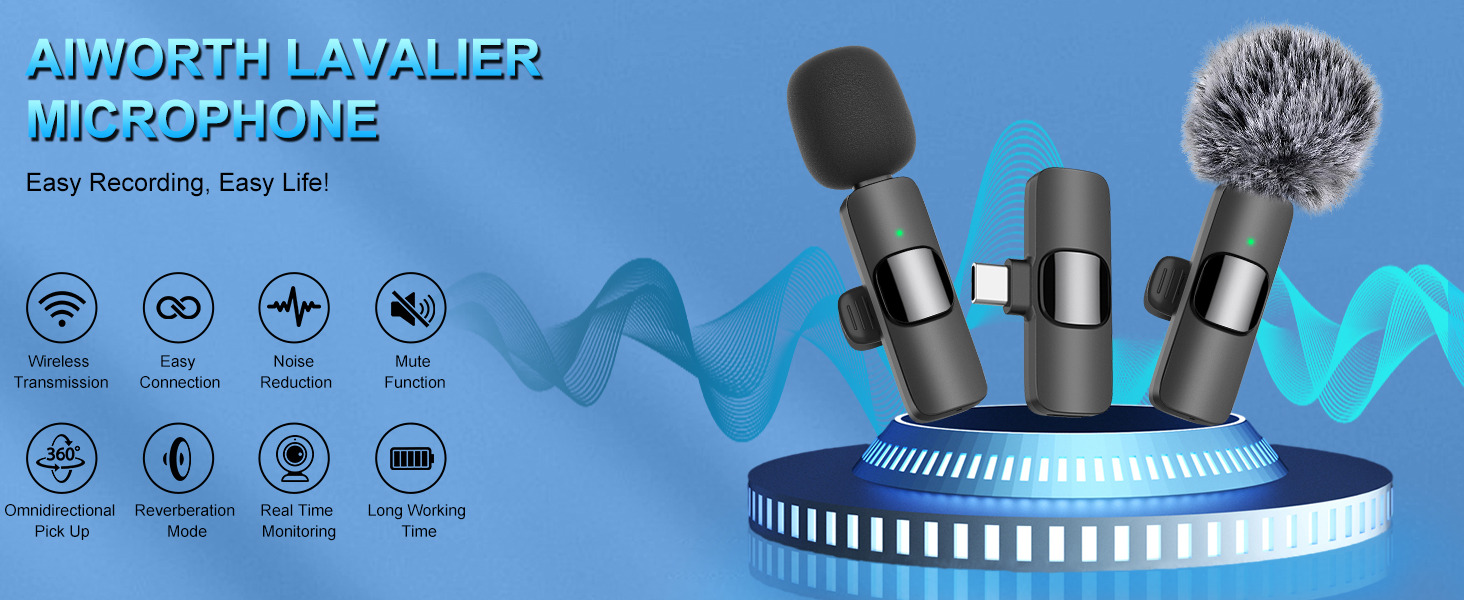 Бездротові кліп-мікрофони для iPhone/Android/комп'ютера/iPad - 2 шт. з шумозаглушенням для відеозйомки, Vlogging, TikTok, YouTube, Plug-and-Play