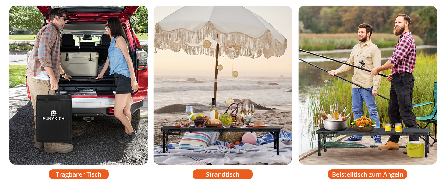 Складний кемпінговий стіл FUNYKICH 116x40x26 см, алюмінієвий, з MDF стільницею, чорний - для пікніка, пляжу, балкону