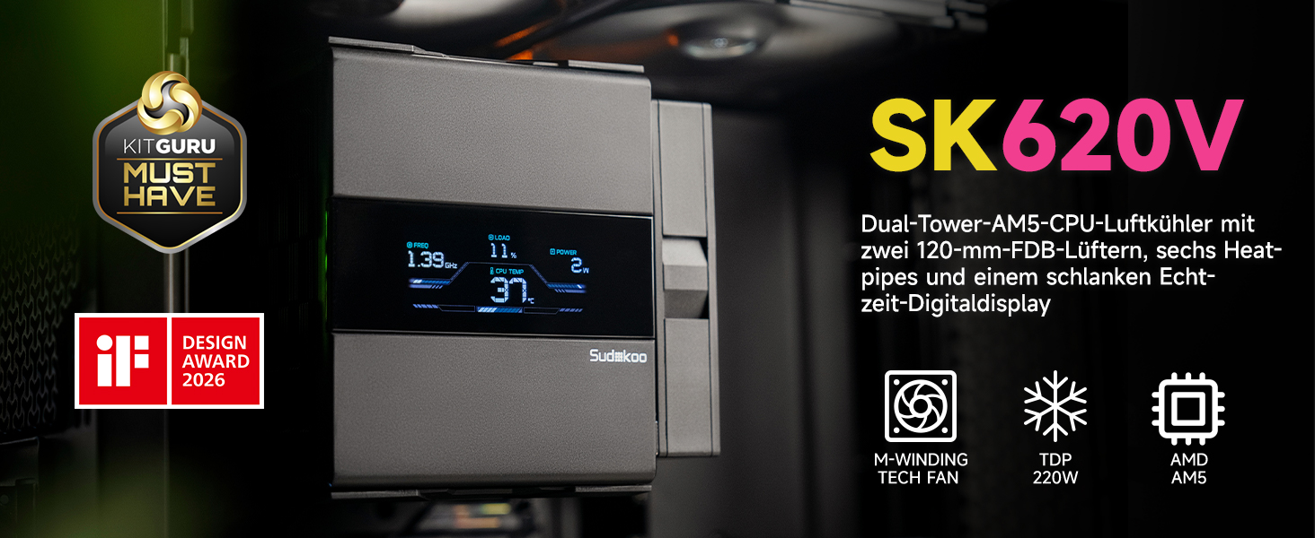 Кулер для процесора Sudokoo SK620V AM5: двосекційний башта (Dual Tower) з цифровим дисплеєм, 6 тепловими трубками та 2 PWM FDB вентиляторами 120мм